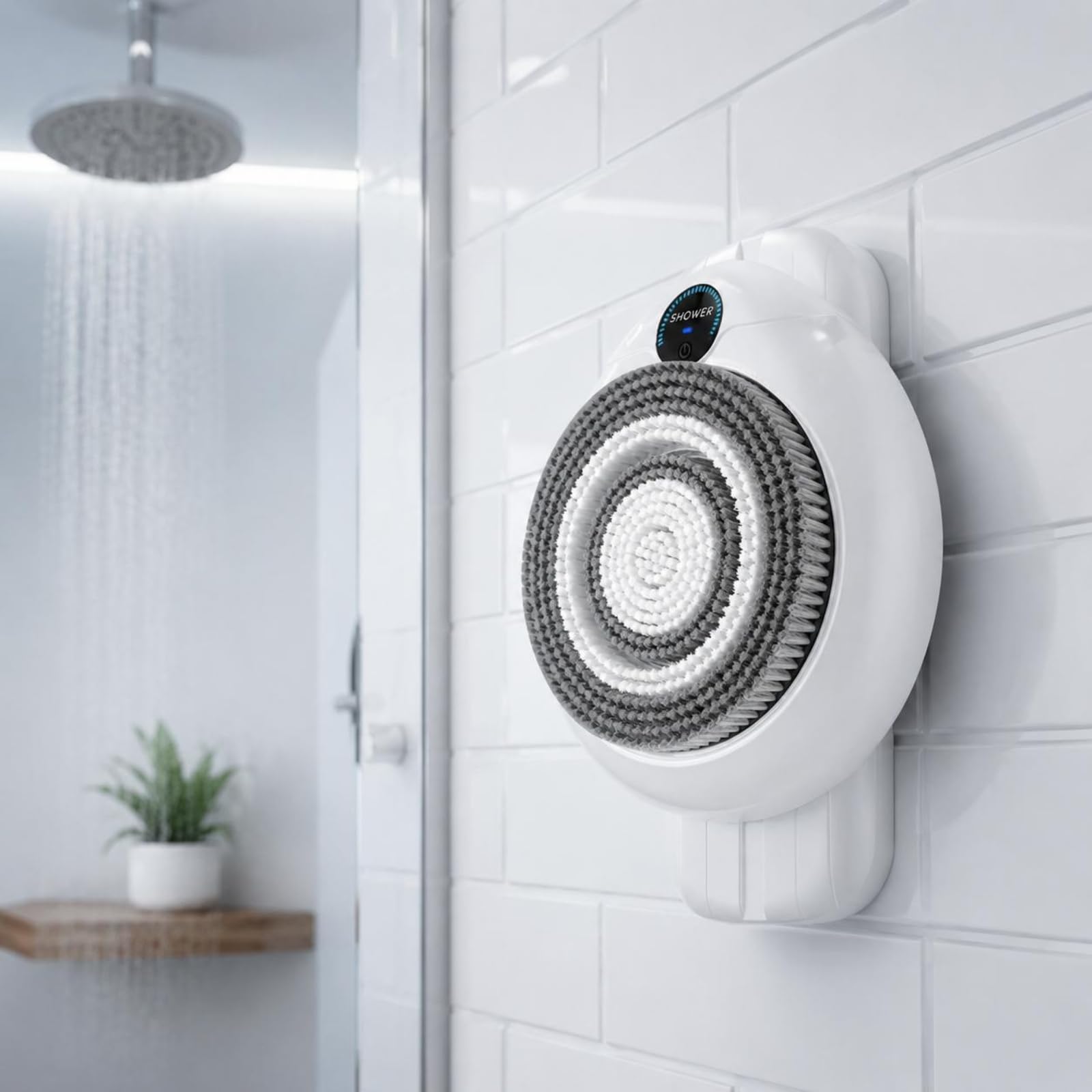 Automatische Duschmaschine Elektrischer Duschreiniger Körperbürste Rückenbürste Wandbefestigung mit Einstellbarer Höhe Und Drei Intensitäten aus PBT Nylon für Dusche Zuhause Pflege