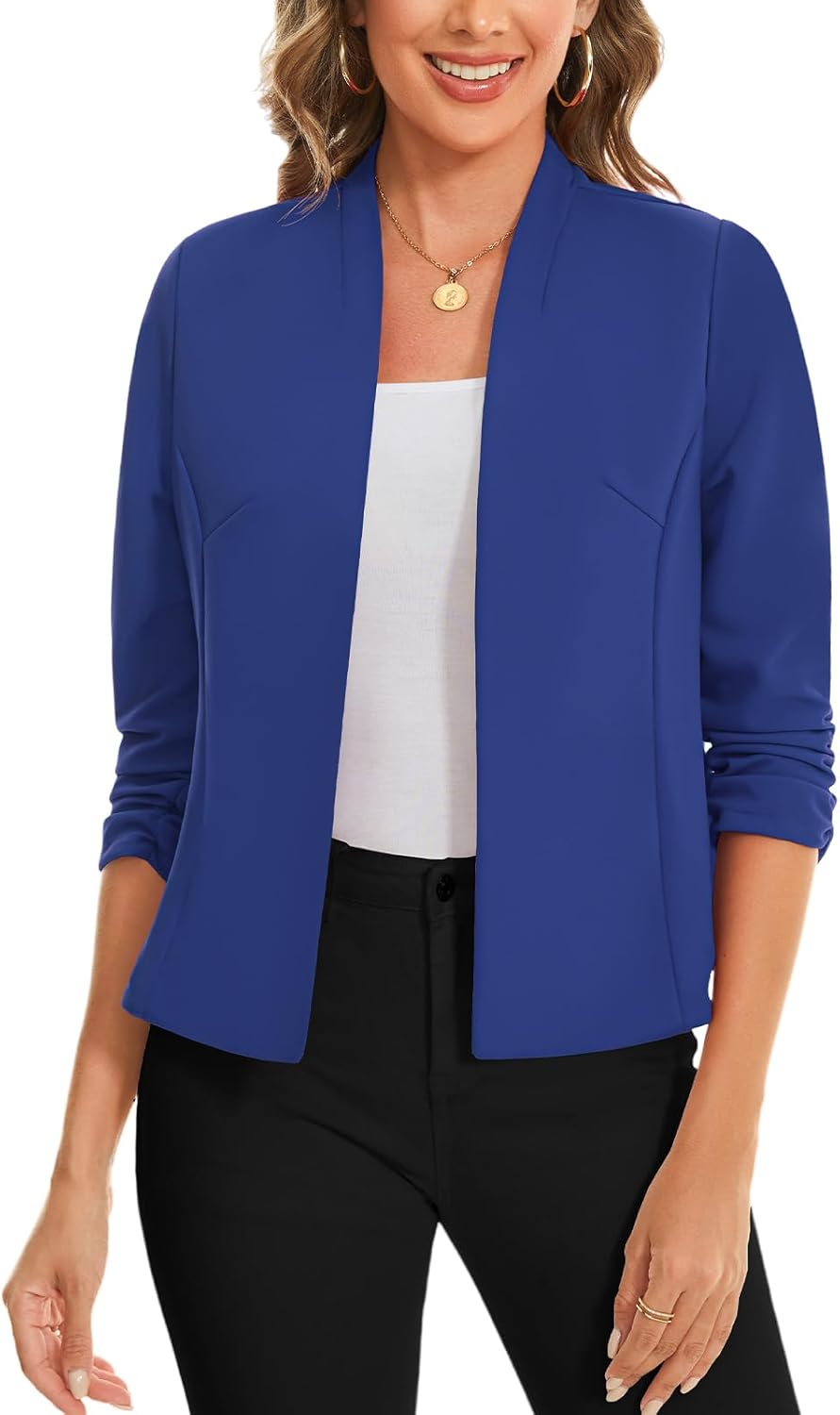 MINTLIMIT Women's Collarless Blazer Ruched 3/4 Sleeve Open Front Business Work Office Jacket Blazers