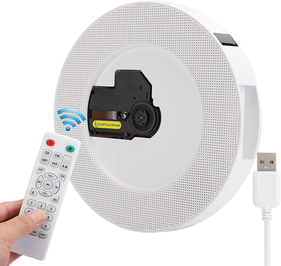 Cuifati YR-Q100 CD Player connected to power via USB cable, with the remote control nearby.