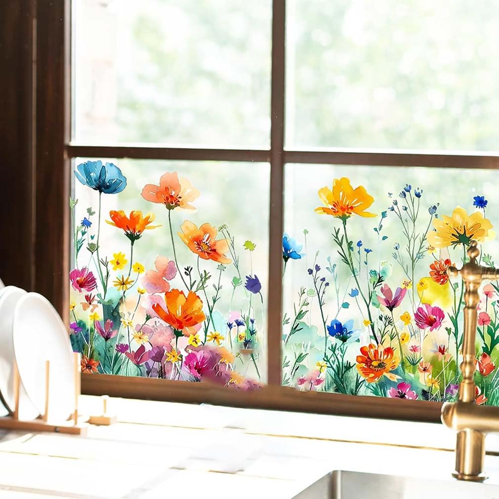 Colorful Floral Bouquet Window Sticker Cut to Size, Floral Pattern Window Sticker, Removable Static Cling Window Film, Double-Sided, Flower Window Clings for Glass Windows (C)