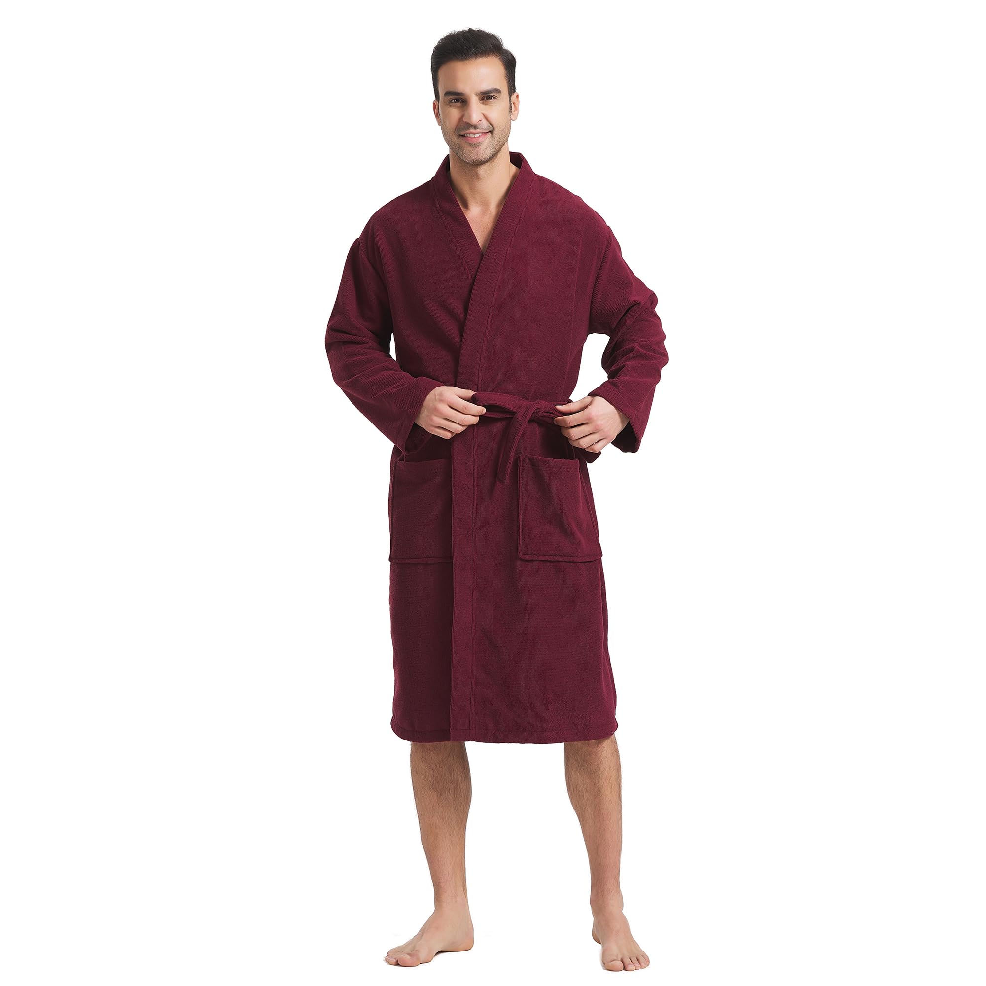 FashGudim Terry Cloth Robes for Men Big and Tall Short Mens Kimono Robe Super Absorbent Spa Bathrobe Calf Length With Pockets