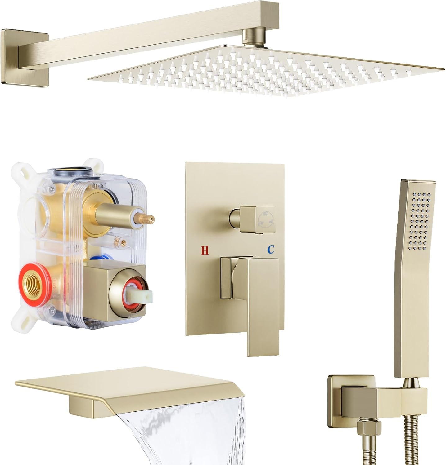 Qomolangma 10 inch Rain Shower System with Tub Spout, 3-Functions Shower Faucet Set with Pressure Balance Valve, Wall Mounted Bathroom Shower Systems/w Rain Shower, Handheld Spray & Tub Spout 10" (with Tub Spout) Champagne Gold