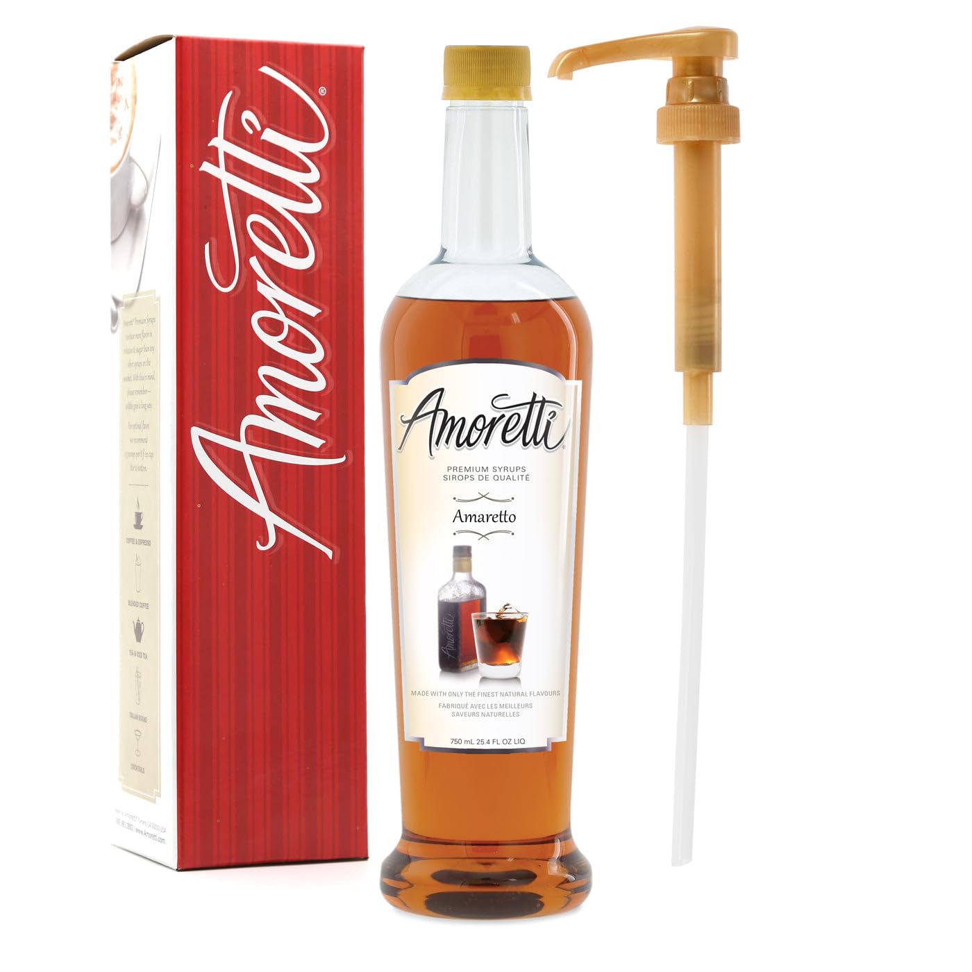 Amoretti - Premium Amaretto Syrup, 94 Servings Per Bottle (750 ml), with Pump for Flavoring Coffees, Cocktails, and other Beverages, Gluten Free, GMO/GEO Free, Preservative Free