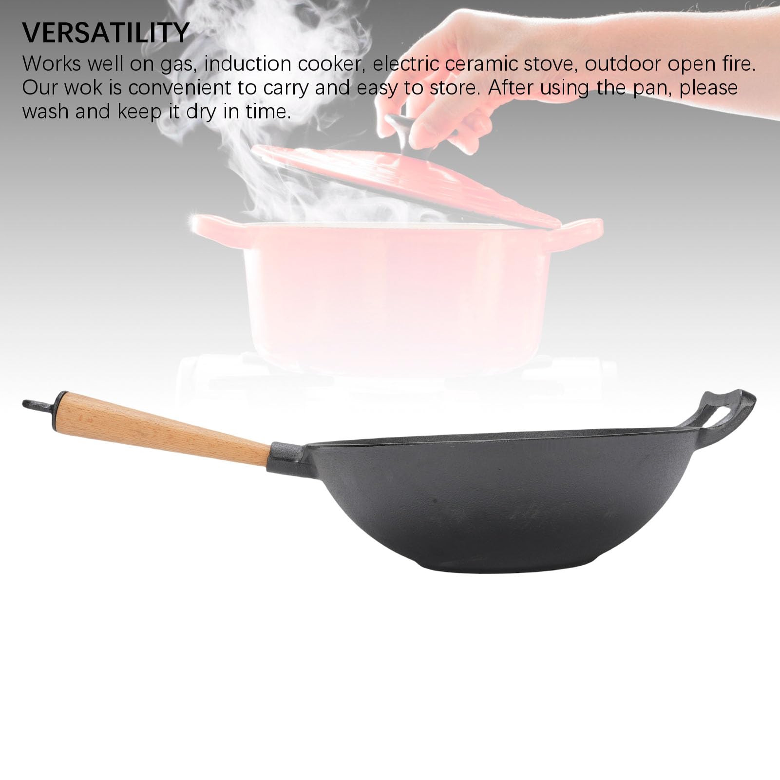 Generic Wielofunkcyjna żeliwna Patelnia Wok do Smażenia, Biwakowania, Grillowania i Grillowania z Drewnianym Uchwytem do Kuchenki Gazowej/indukcyjnej 11,8 Cala