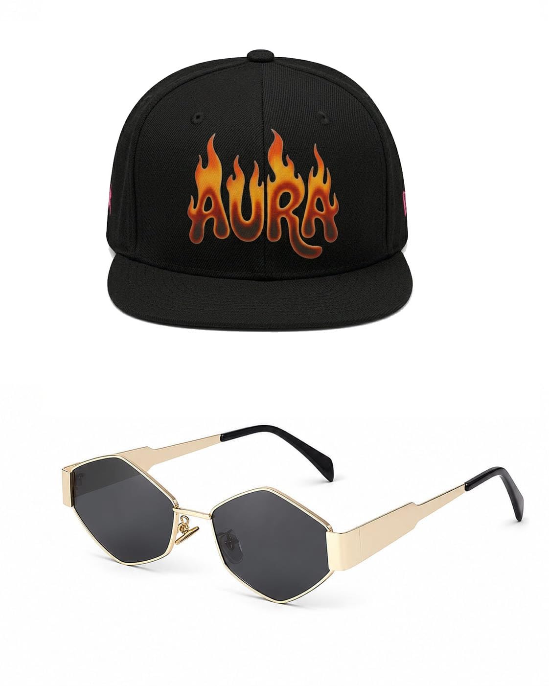 Unisex Front Aura Flame Design Printed Hip Hop Cap with Flat Brim Hip-Hop Cap with Hexagon Sunglasses Combo for Men & WomenTopi-2pcs Black-picture-12