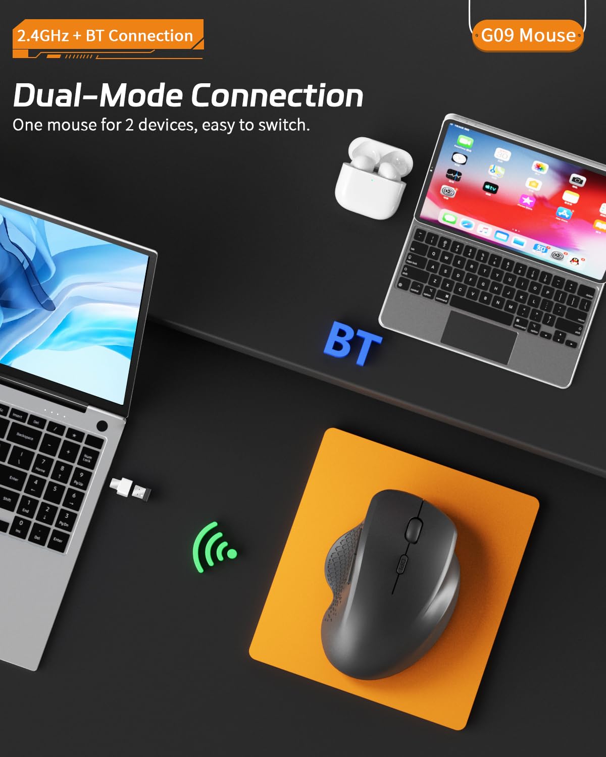 Uiosmuph G09 Ratón Inalámbrico Bluetooth, Bluetooth 5.1+2.4G Recargable Wireless Mouse, Silencioso Ergonómico Ratón con 3 Niveles de Adjustables 1600 dpi para Portátil, MacBook, PC, Windows (Negro) — view 2