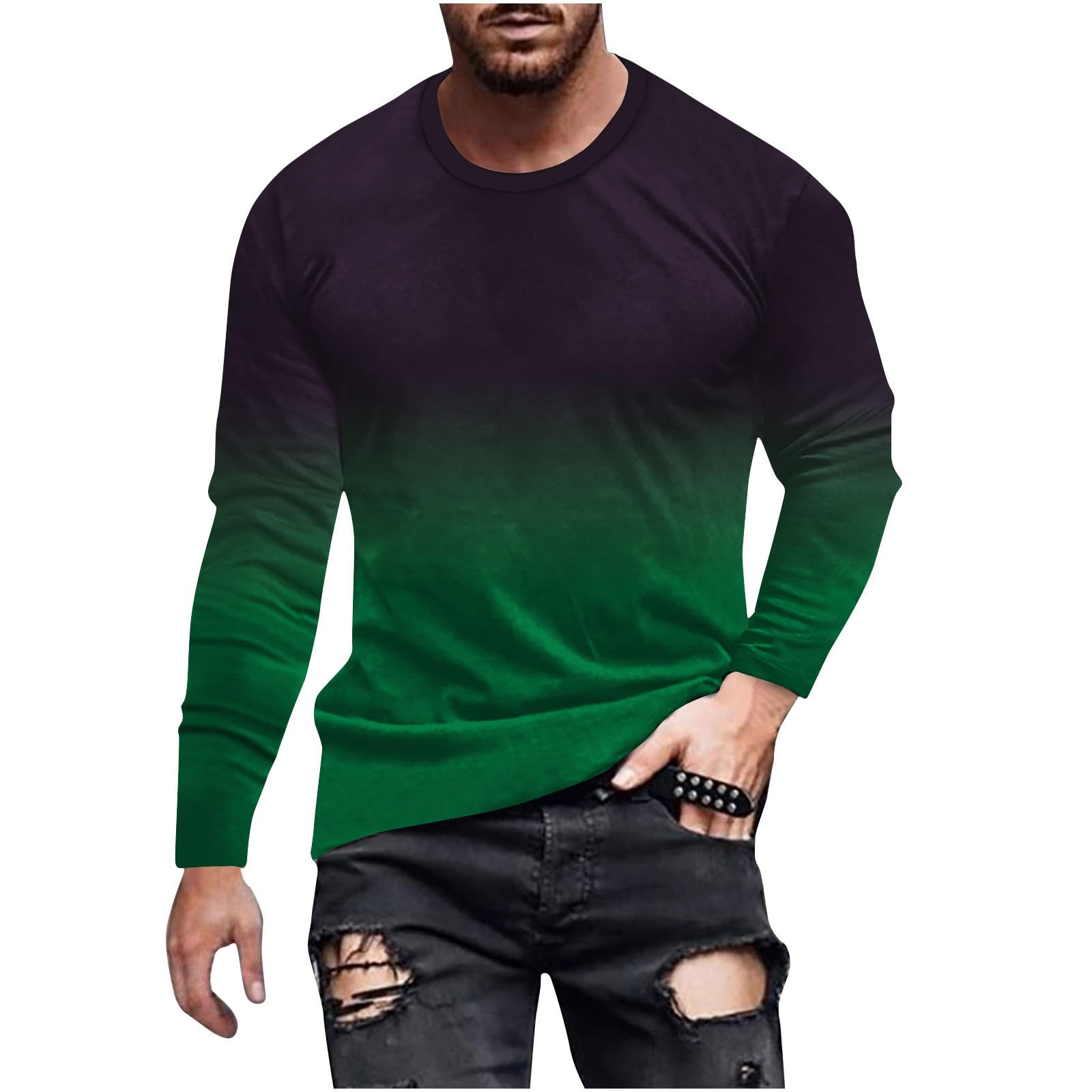 Mens Long Sleeve Shirts Casual Gradient Color Loose Pullover Graphic Tee Shirts Fall Fashion Athletic Sweatshirts