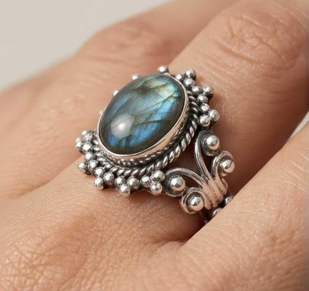 JEWELOPORIUM Boho Handmade Jewelry Natural Gemstone Labradorite, Turquoise, Moonstone, Rose Quartz Oval 925 Sterling Silver Overlay Ring For Women