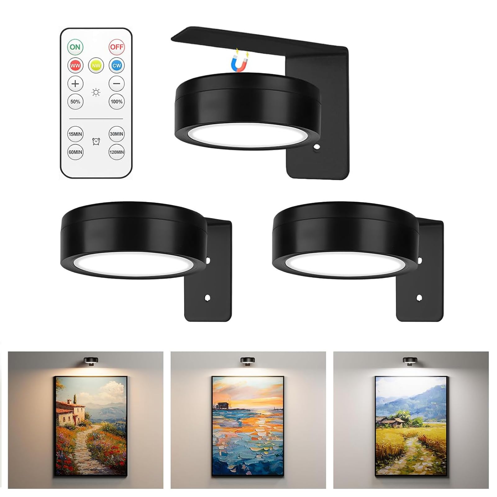 Picture Lights for Wall 3 Pack, LED Battery Wall Light with Remote Control, 3 Colour Dimmable Magnetic Picture Light Scones, Wireless Art Lighting for Paintings with Timer and Adjustable Brightness