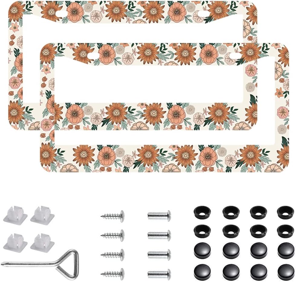 Paquete de 2 marcos para placa de automóvil de acero inoxidable con tornillos, tapas y destornilladores, para mujeres y niñas, diseño de flores