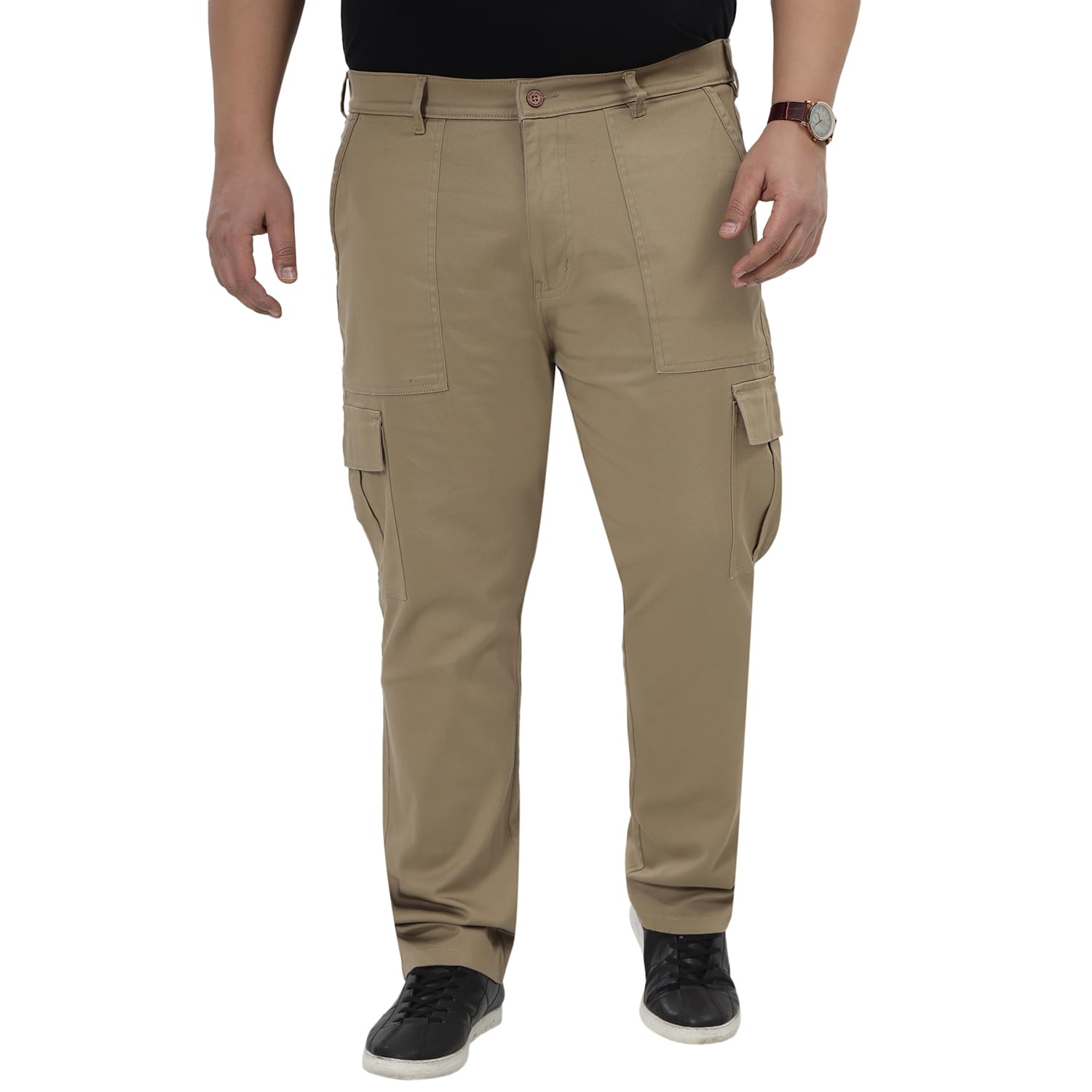 john pride Plus Size Men Regular Fit Mid-Rise Cotton Elasticated Waist Beige Cargo Trouser (JPCR23009_Beige)-picture-10
