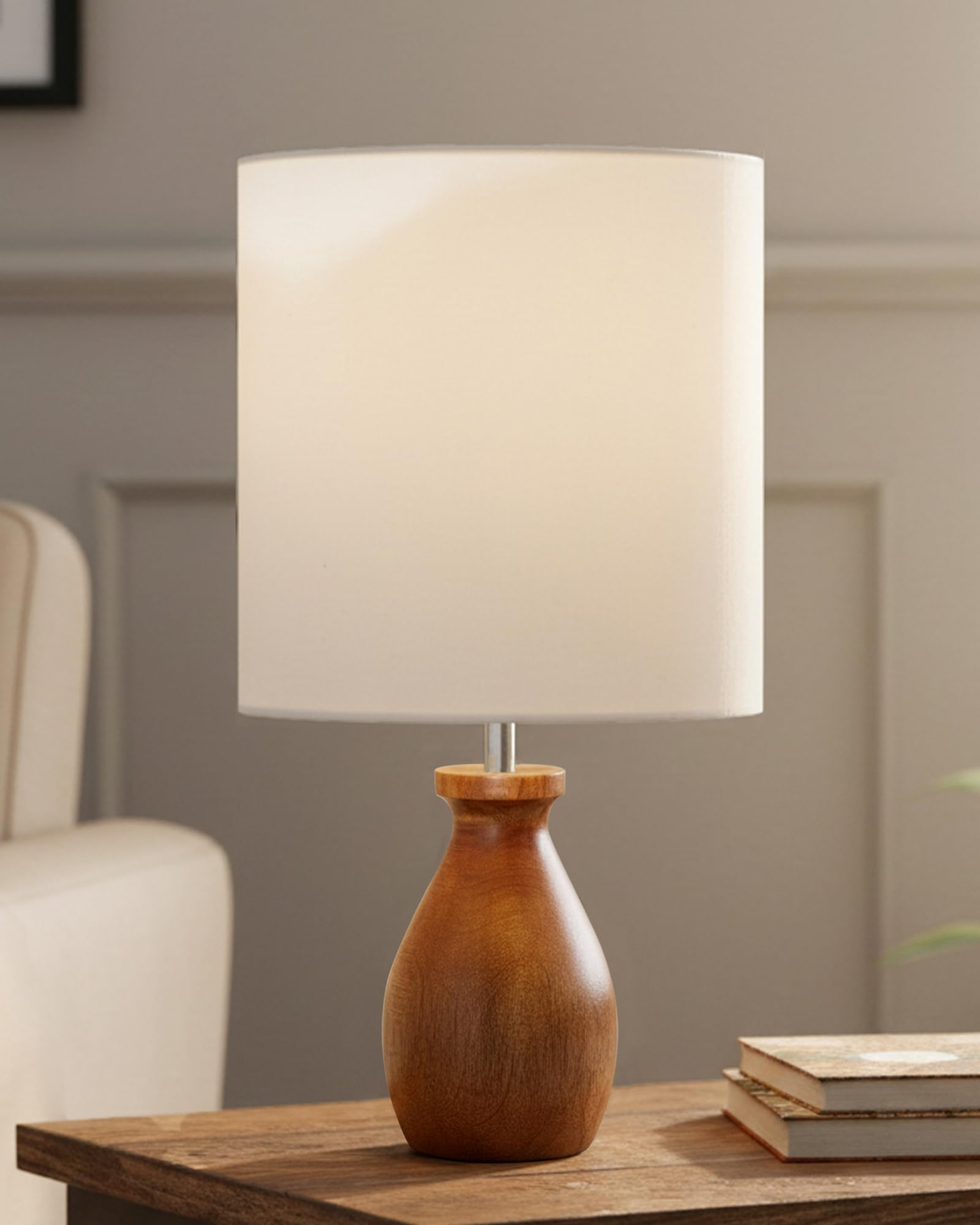 Homesake Dovel Pot, Modern LED Table Lamp with Shade, Wooden Base Modern Fabric Lampshade for Home Office Cafe Restaurant, (Pleated White)