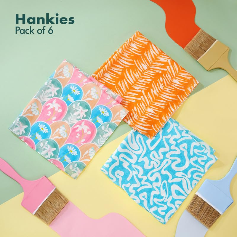 Image of Hexafun 100% Organic Soft Cotton Women Handkerchiefs | Multicolor & Trendy Printed Hanky Designs | Soft & Breathable Fabric | Best For Styling & Everyday Use | Pack Of 6 | Beat The Heat
