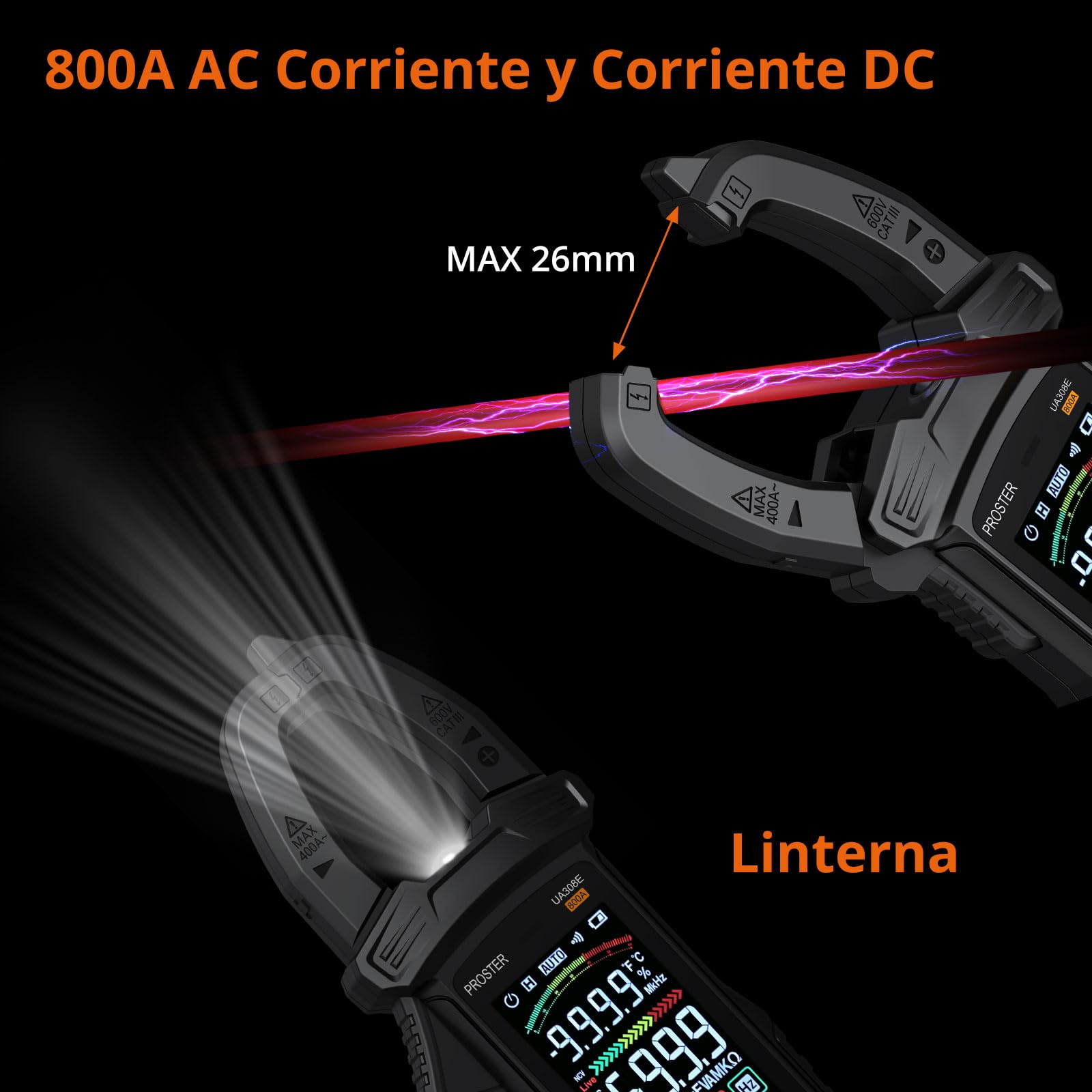 Proster Pinza Amperimétrica TRMS 6000 Cuentas - Medición de Corriente AC/DC 800A, Voltaje 600V, NCV, Resistencia, Diodo y Temperatura con Pantalla Grande y Bolsa de Almacenamiento