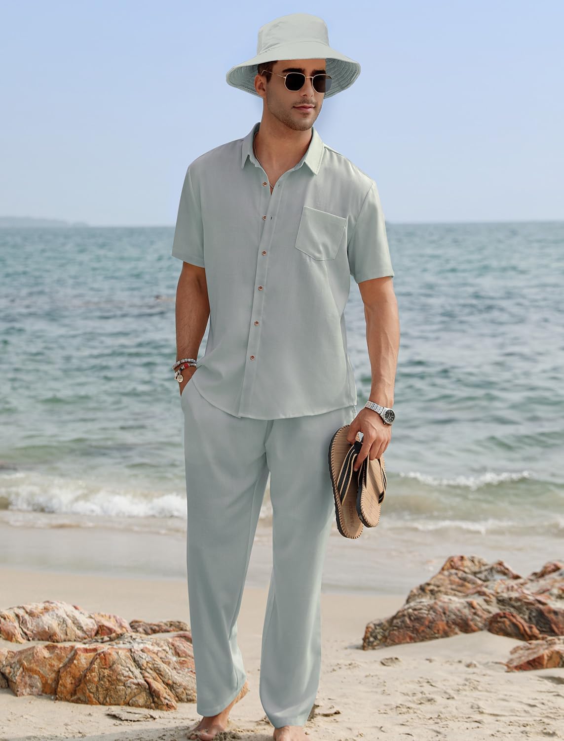 EISHOPEER Men's Linen Sets 3 Pieces Casual Button Down Cotton Linen Shirt and Long Pants Set Beach Outfits with Hats S-3XL