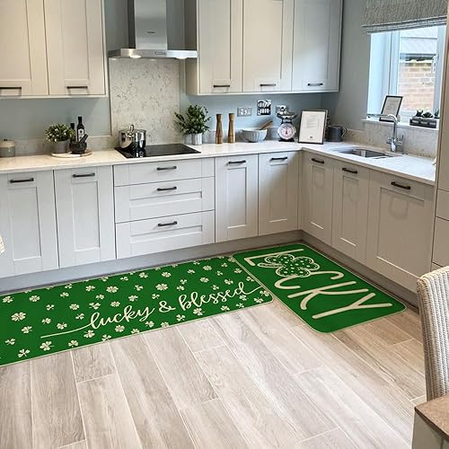 Miniatura 4 de ARKENY Juego de 2 tapetes de cocina para el Día de San Patricio, juego de 2 alfombras de cocina de trébol verde, antideslizantes, absorbentes,