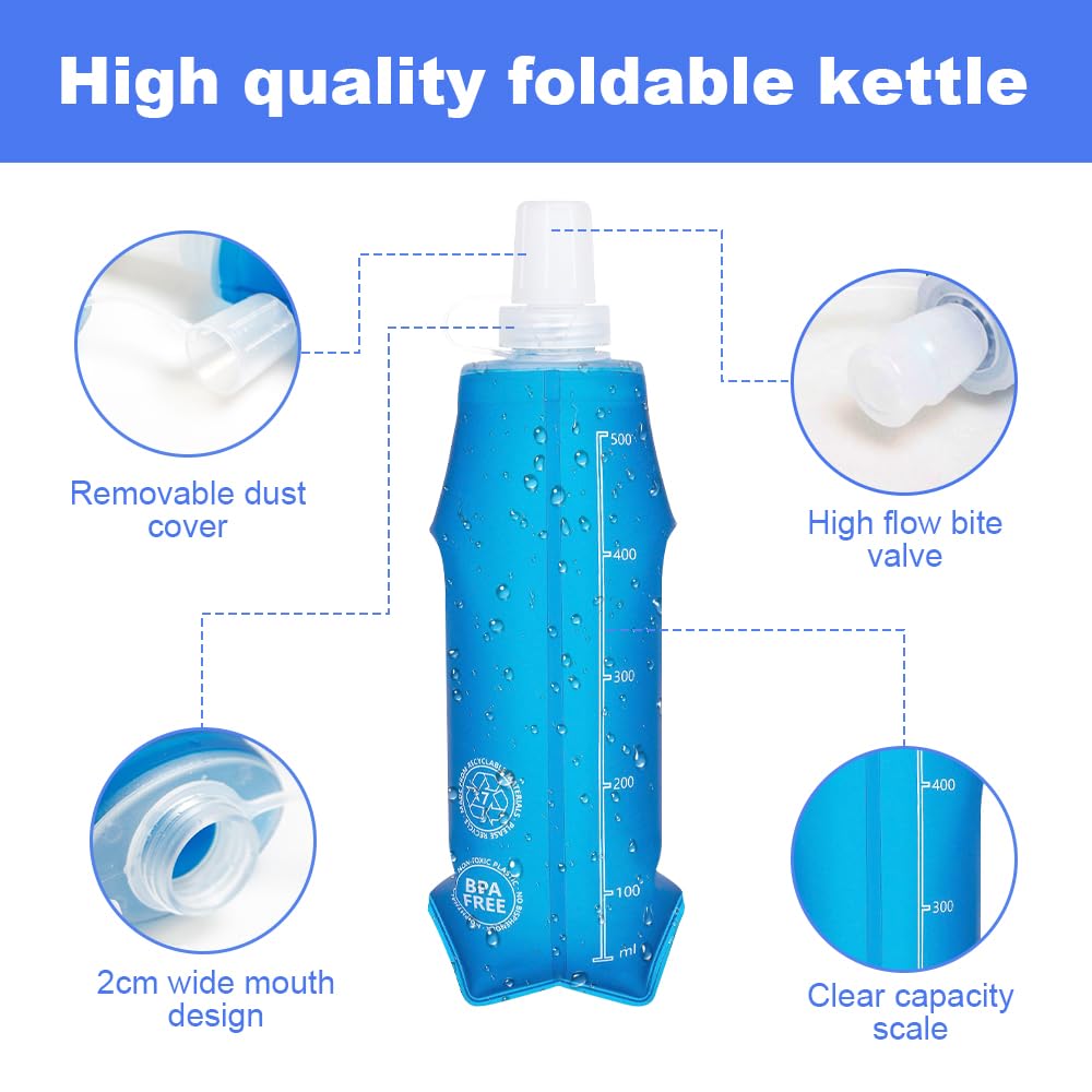 Mineup 2PCS Soft Flask, 500 ML Składana butelka, BPA Darmowe Nawilżanie Butelka, Sportowa Torba Na Wodę, Wielokrotnego Użytku Na Piesze Wycieczki, Bieganie, Backpacking, Maraton