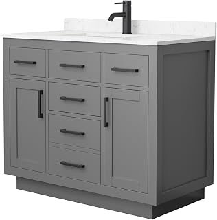 Wyndham Collection Beckett 42 Inch Single Bathroom Vanity with Toe Kick in Dark Gray, Carrara Cultured Marble Countertop, Undermount Square Sink, Matte Black Trim