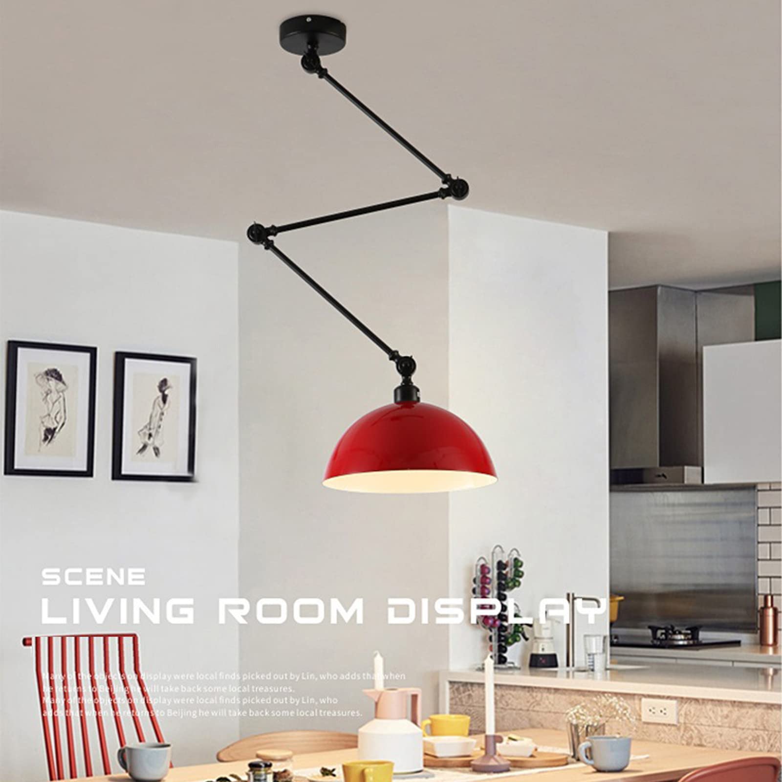 Pendelleuchte, Hängeleuchte mit Ausziehbar Langarm Retro Metall Hängelampe Vintage Pendellampe E27 Hängeleuchte Industrial für Kitchen Island (Red)