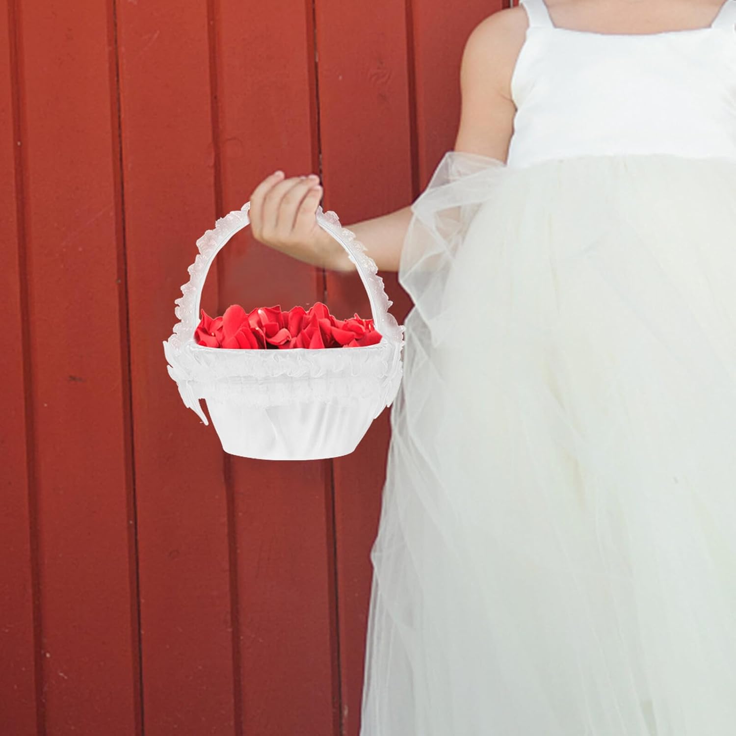 Wedding Flower Girl Basket Lace Handwoven Flower Petal Holder with Bowknot Handle for Ceremony Supplies and Wedding Decorations