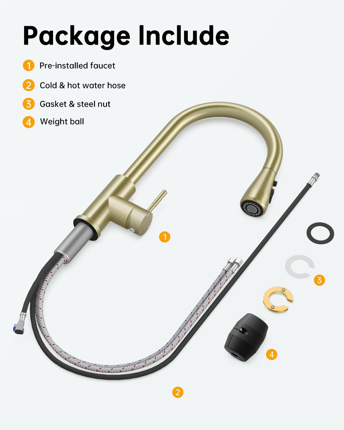 Hiqufet Brushed Gold Kitchen Faucet with Pull Down Sprayer, High Arc Faucet, Stainless Steel Modern RV Bar Sink Faucets for Pot Filler, Farmhouse Camper Bar Laundry, RV Bathroom