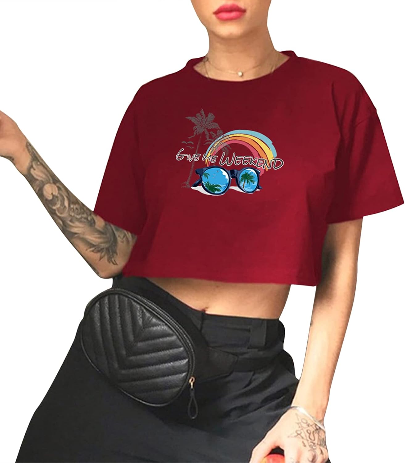 ORANDESIGNE T-Shirt Donna Crop Top Con Stampa Lettera - Girocollo, Maniche Corte, Morbida Miscela Cotone - Taglia Unica