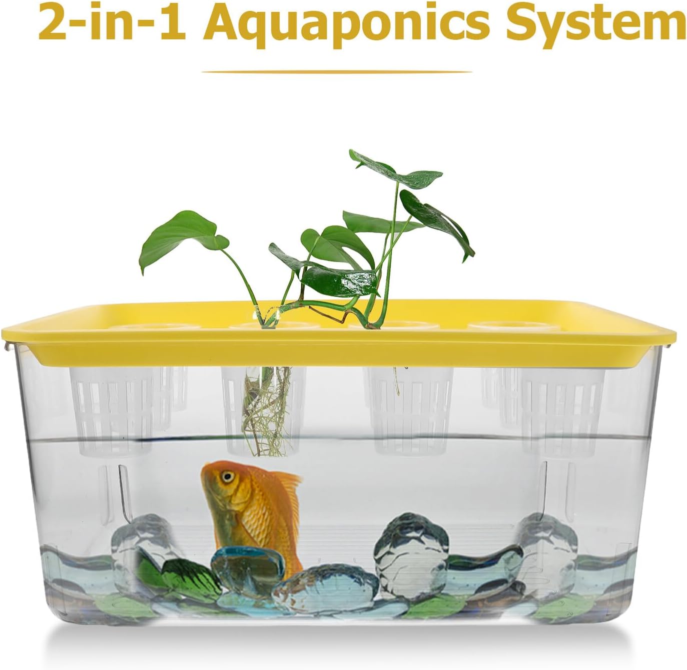 IMIKEYA Eco Goldfish Tank with Lid, Hydroponic Grow Box Mini Aquarium Planter, Yellow Small Fish Bowl for Indoor Aquatic Plants and Freshwater Fish, Living Room Decor