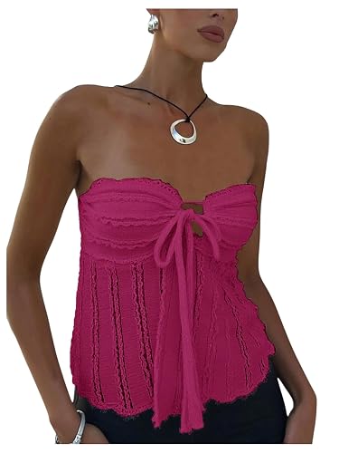SOLY HUX Women's Tie Front Frill Trim Tube Top Strapless Asymmetrical Going Out Tops - Large - Plain Hot Pink