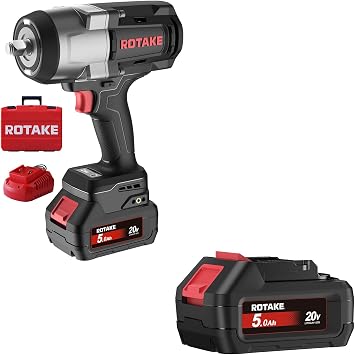 ROTAKE TB3 1/2" Heavy-Duty Impact Wrench, 1380 FT-LBS + 2 Battery Packs 20V 5.0Ah + 20V 4A Fast Charger + Hard Carrying Case