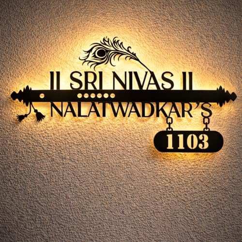 Image of Customized Stainless Steel LED Flute Family Name Plate for Home Entrance, Flat, House Doors, Stylish, Outdoor & Indoor, Waterproof (Size 18 inch)
