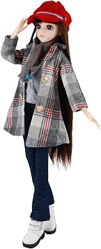1/3 BJD Doll - Brown Straight Fringe Hair, Gray Plaid Coat & Red Beret with 22 Joints for BJD Collectors