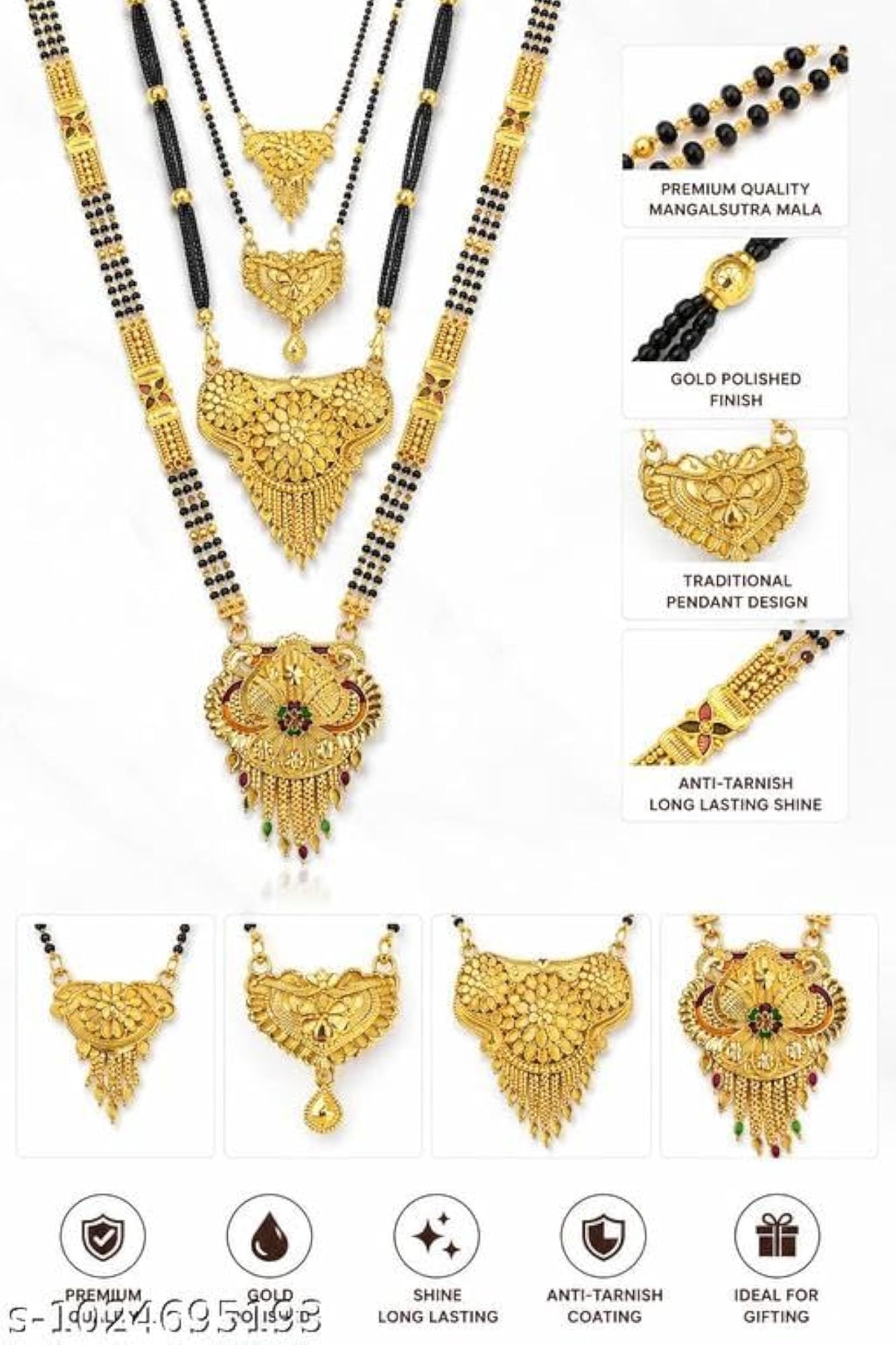 4pc Black Beaded Necklace Set with Gold Plated Mangalsutra
