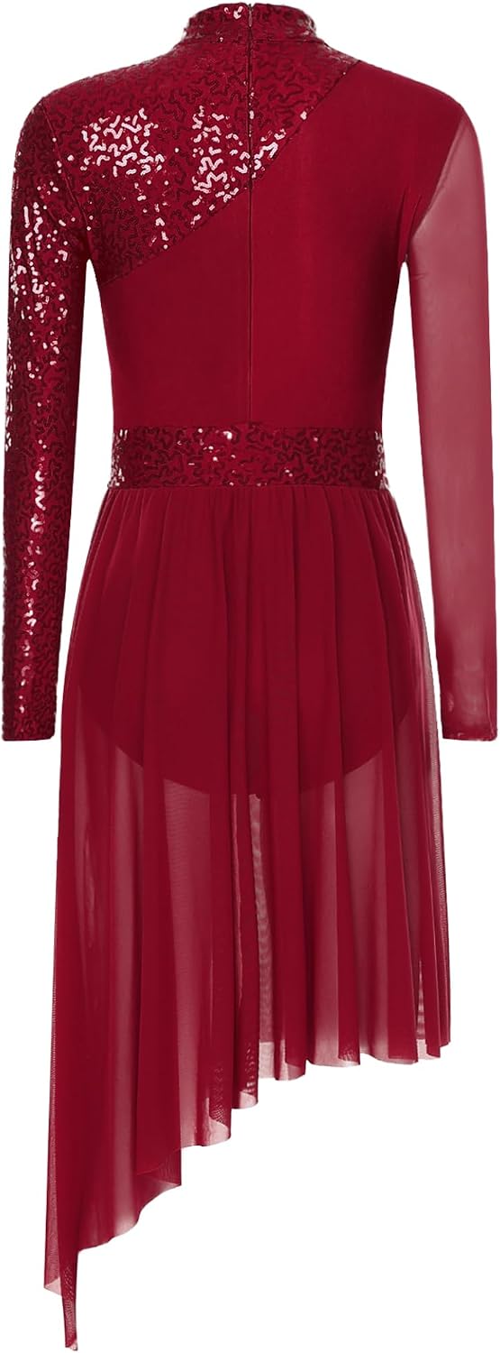 Women's Sparkly Lyrical Dance Costume Contemporary Dancewear | Shiny Sequin, Long Sleeve Tulle Skirt Leotard, Flowy Lyrical Dress, Asymmetric Sheer Mesh Skirt, for Recital Performance