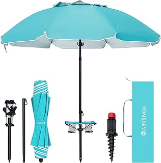 HOMEDEMO 7FT Beach Umbrella with Table & Anchor, Heavy Duty Windproof with UPF 50+ Sun Protection, Outdoor Umbrellas with Adjustable Aluminum Pole