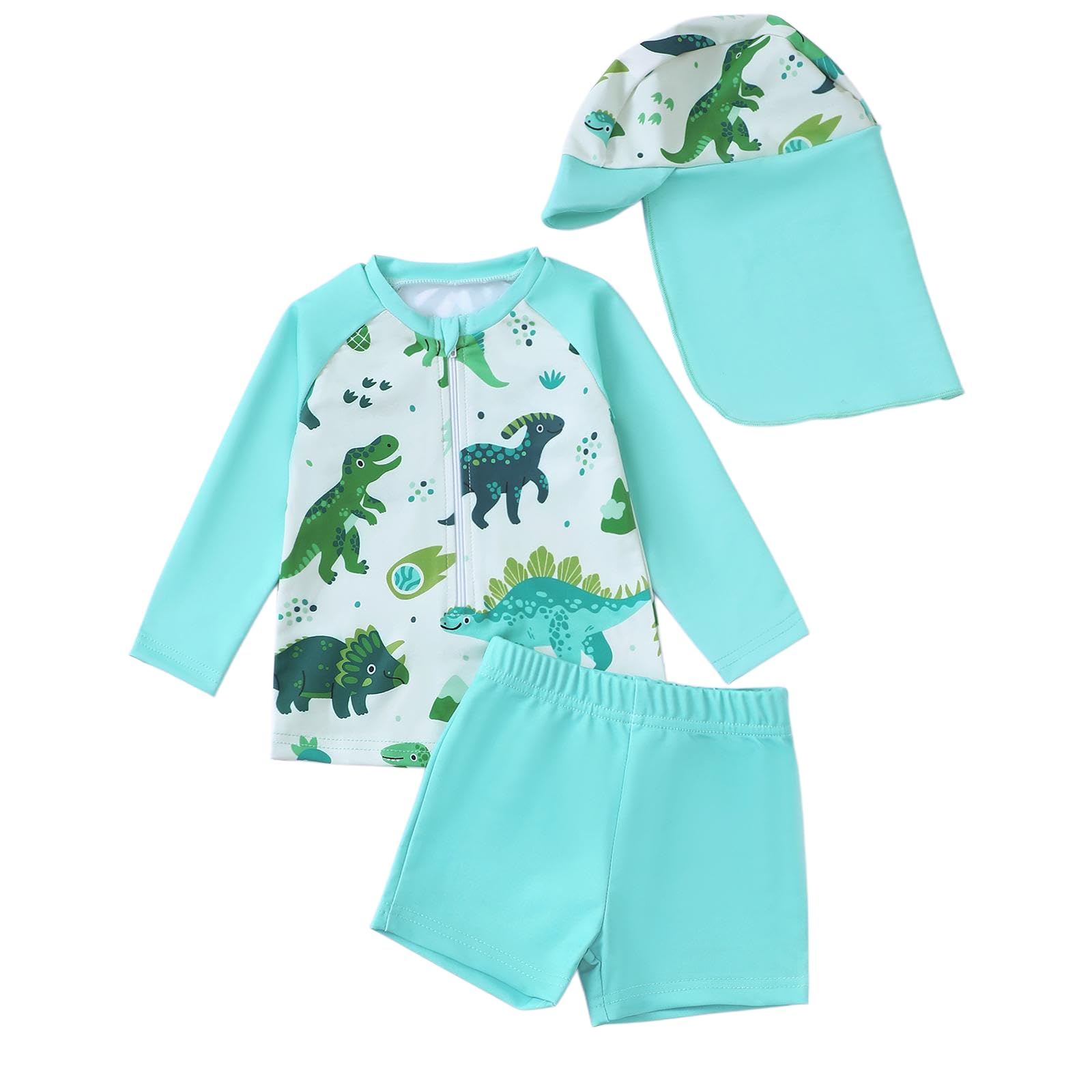 Baby N -Set für Jungen mit Dinosaurier-Print, langärmeliges Rashguard-Schwimmshirt mit Badehose Mütze für Babys Kleinkinder von 0 bis 3 Jahren, Sommer-Strand-Pool-Outfit (Mint Green2, 3-6 Months)