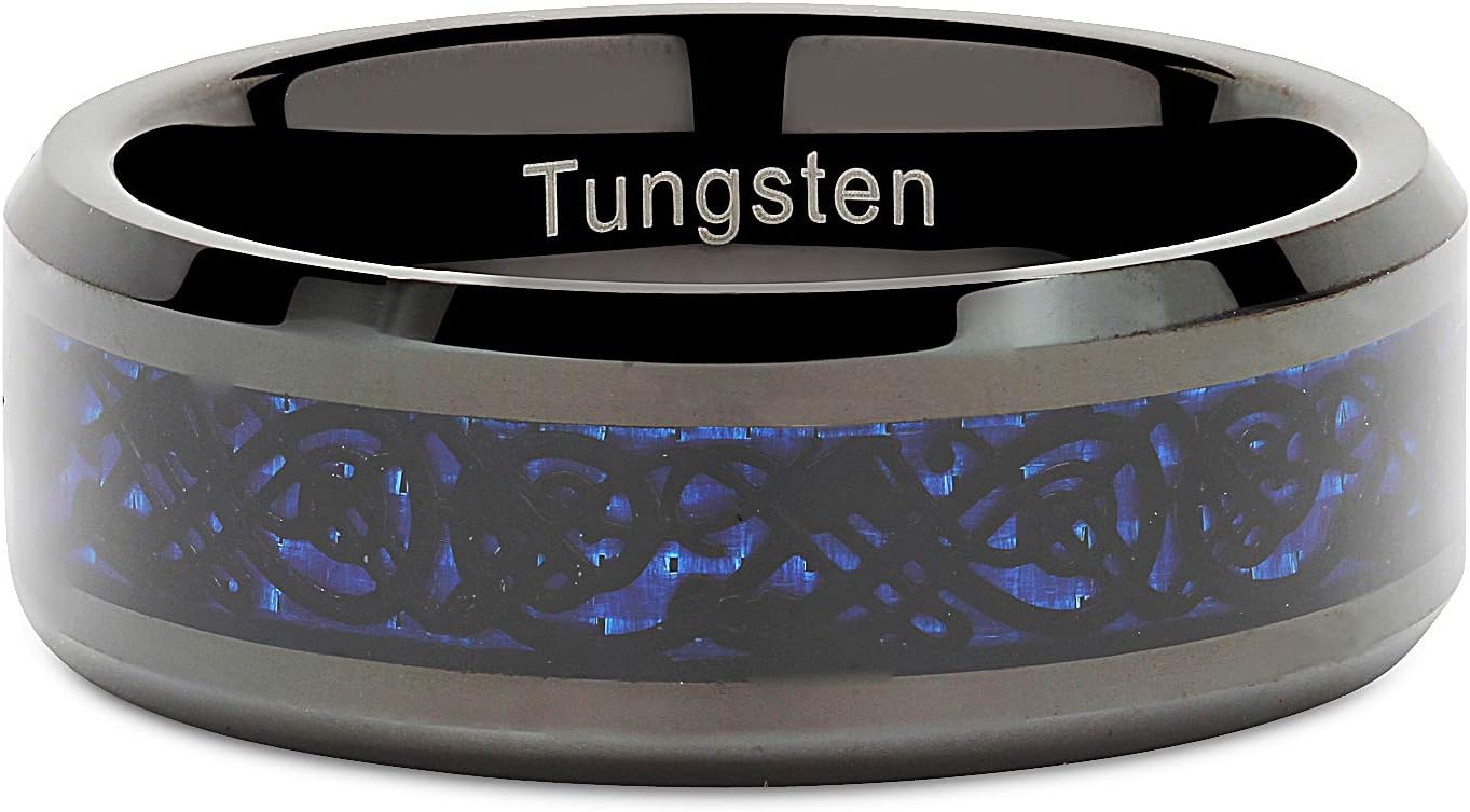 100S JEWELRY Tungsten Rings for Men Wedding Band Black Plated Celtic Dragon Inlaid Size 8-15