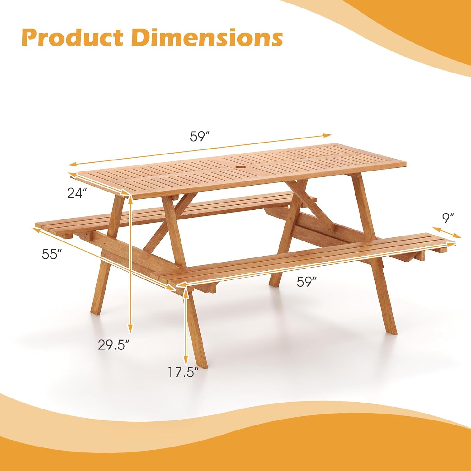 Tangkula Picnic Table with 2 Benches, Outdoor Wood Picnic Table Bench Set with 2-Inch Umbrella Hole, Slatted Tabletop & Seat, Outside Table and Bench Set for Garden, Backyard, Porch, Patio