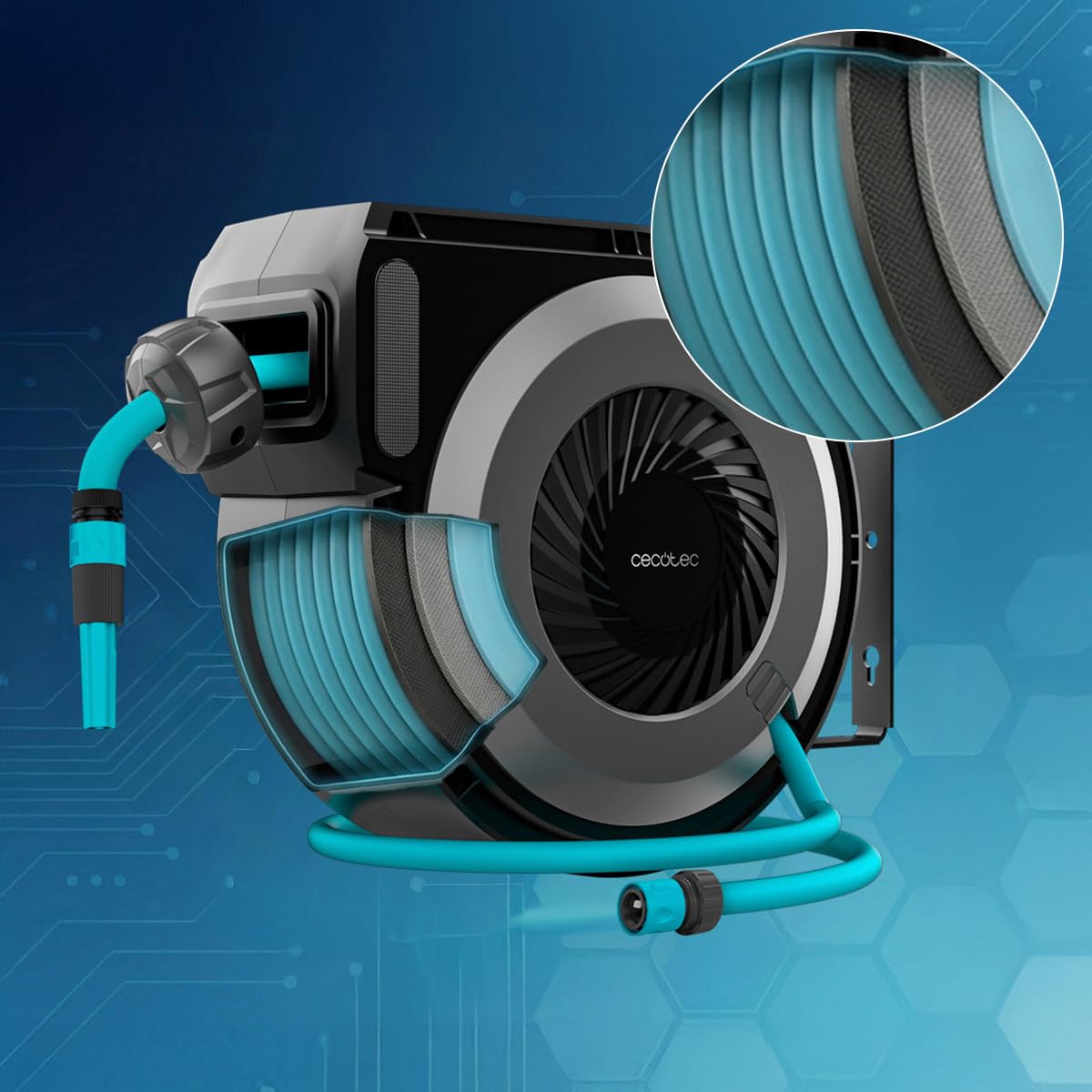 Cecotec 10 m HydroShell 100 Pro rolka do węża. Automatyczny zwijacz z technologią SlowReturn i Smooth Technology, przenośny z obrotem o 180°, pistolet natryskowy 8 funkcji ze zbiornikiem na mydło