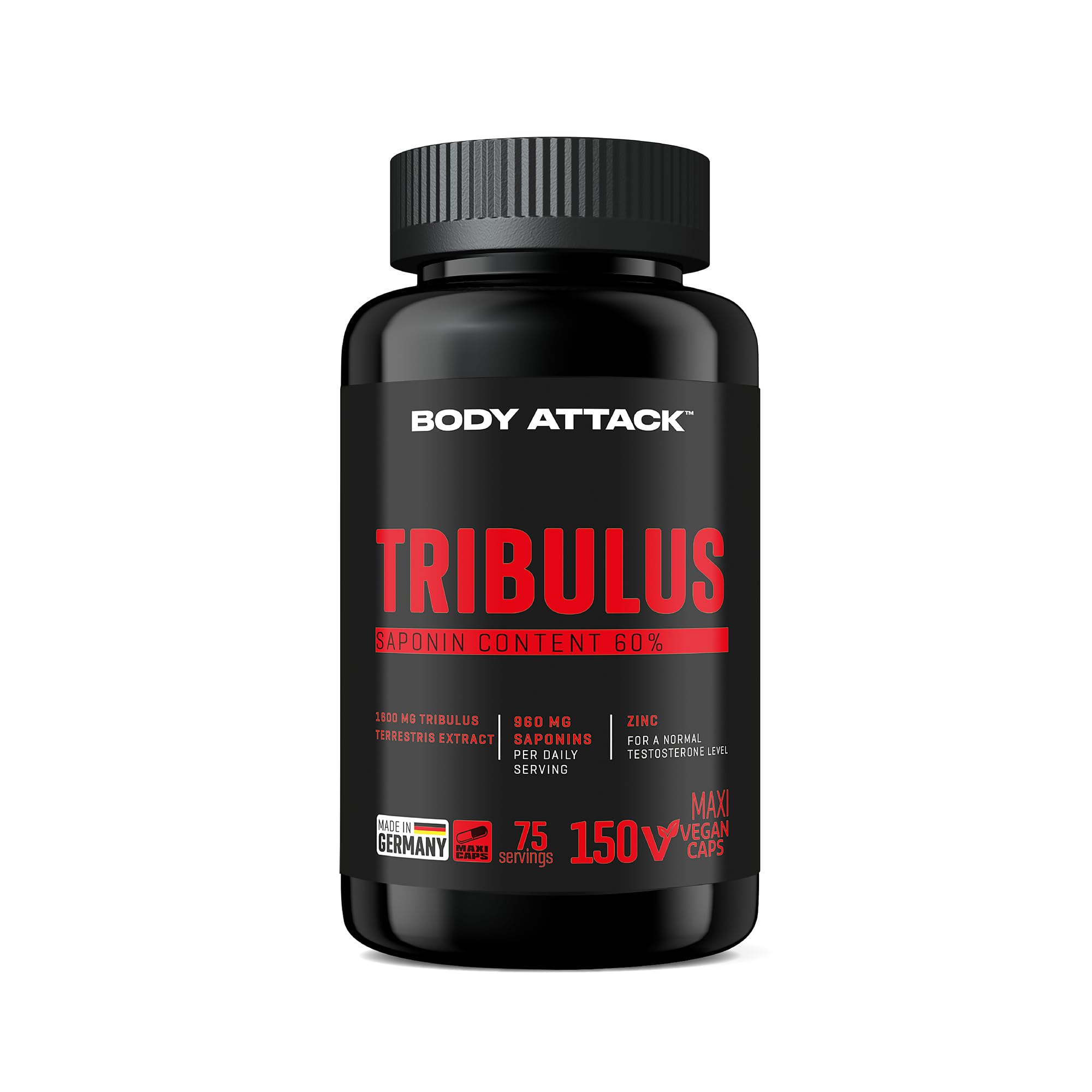 Body Attack Tribulus mit 2400mg Tribulus Extrakt - hochdosierte & natürliche Kapseln mit Testosteron und Zink, Made in Germany, 75 Portionen - 150 Maxi Caps