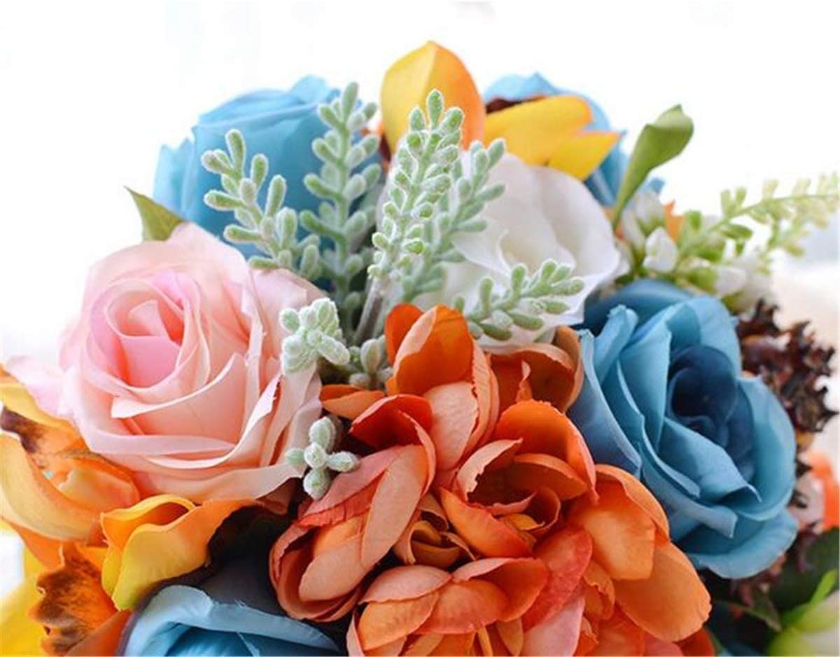 Abbie Home Wedding Bride Bouquet Blue White Rose Real Touch Orange Dahlia Silk Flowers with Berry Leaf Decoration (D501)