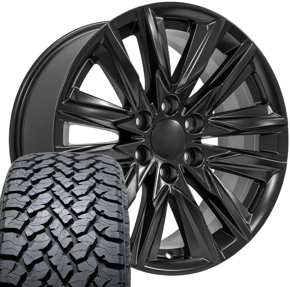 OE Wheels CA91 20 Inch Rims and Tires Fit Escalade Sport Style 6x139.7 20x9 Satin Black - Hollander 4869 - TS-37 AT 275/55-20 (Set of 4)