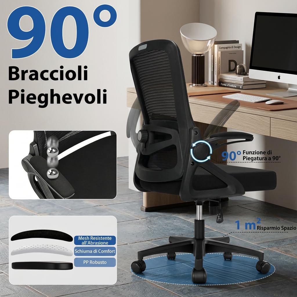 Sedia Ufficio Ergonomica, Sedia da Scrivania in Rete con Supporto Lombare 4D, Braccioli Ribaltabili 90°, Schienale Alto, Altezza Regolabile, Basculante 90°-125°, Portata 130 kg