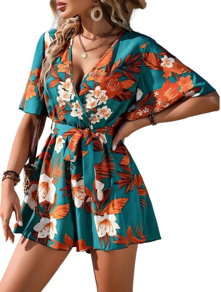 Women's Tropical Floral Print Short Sleeve Wrap Romper | Vibrant floral print, flattering wrap V-neck, adjustable tie waist, breezy flutter sleeves, summer vacation essential.