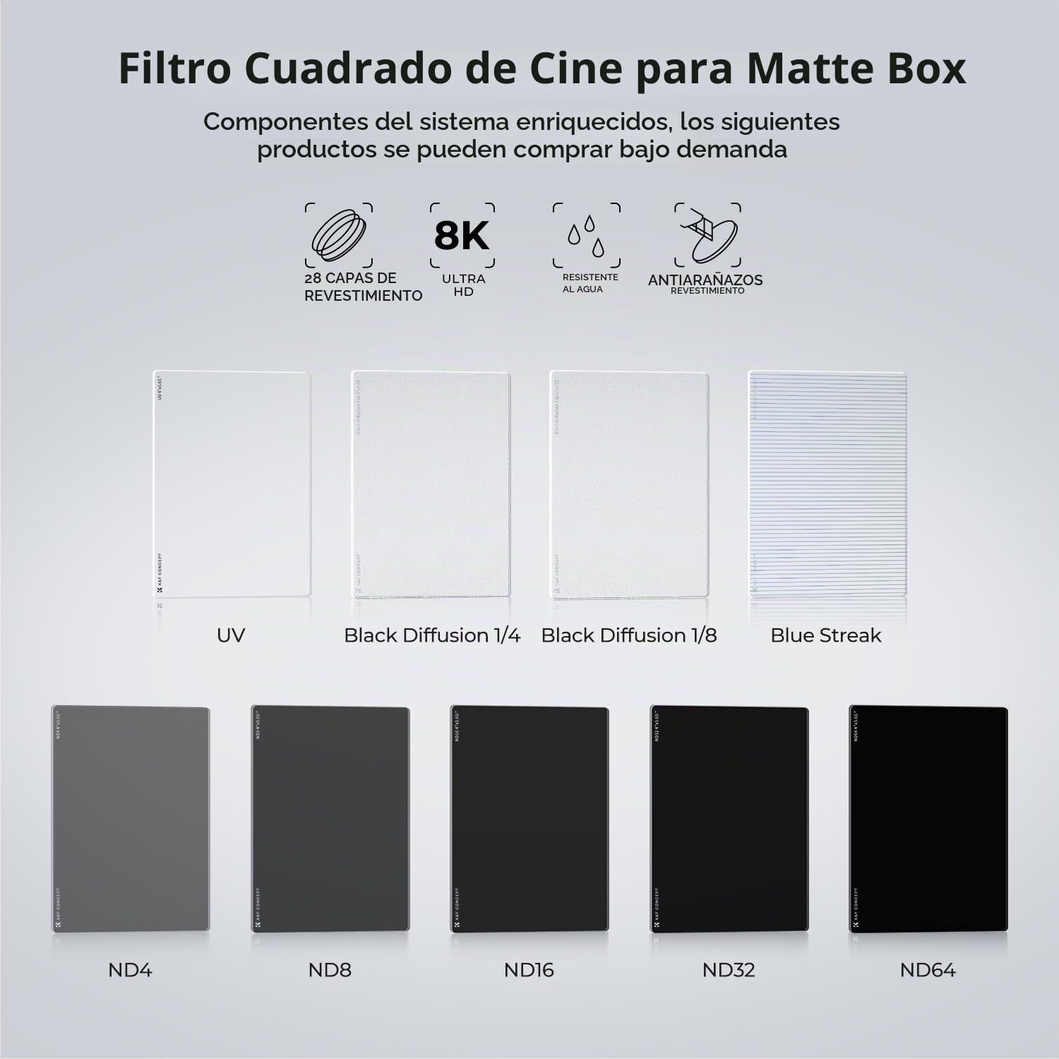 K&F CONCEPT Nano-Xcel Cine Filtro ND8 4"X5.65" Filtro Cuadrado de Cine | de Vidrio Óptico HD con Nano Revestimient Compatible con Tilta SmallRig Matte Box para Fotográfica - FM701