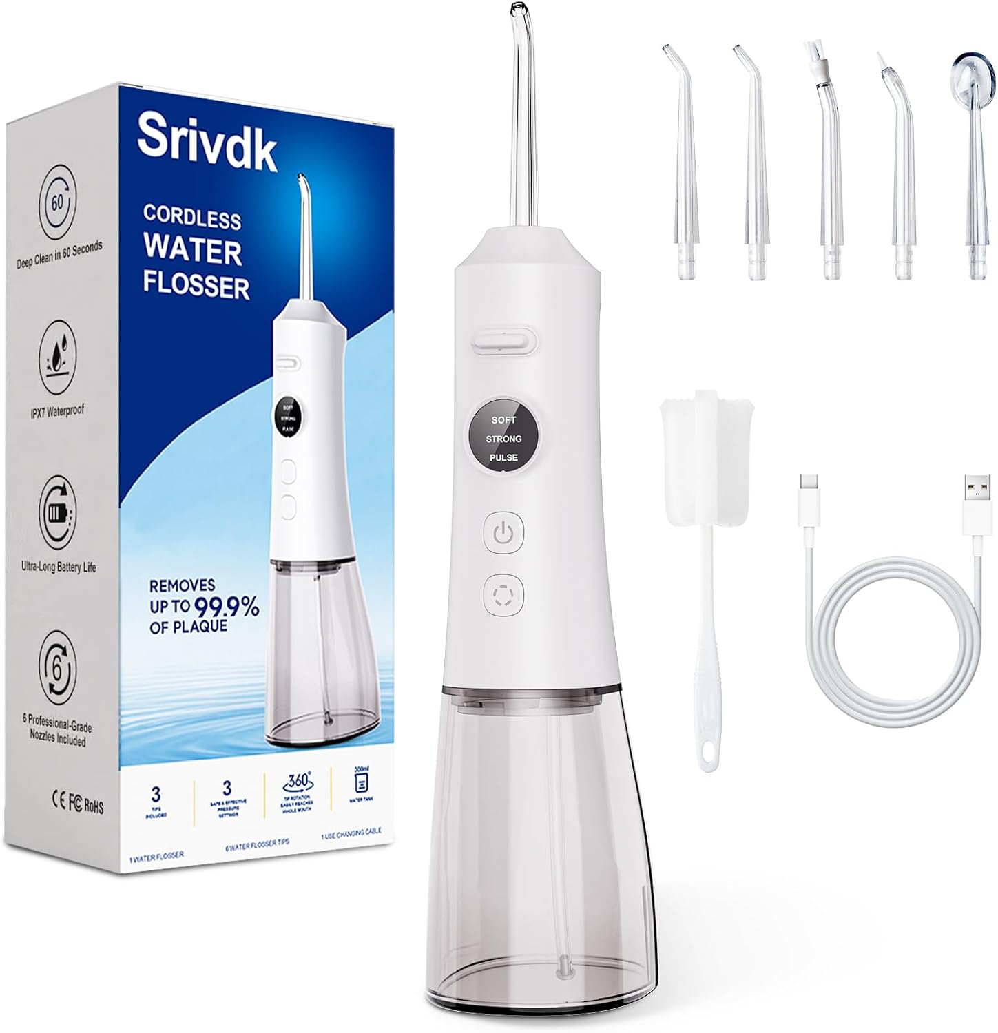 Water Dental Flosser for Teeth â 300ML Cordless Oral Irrigator with 6 Replaceable Jet Tips, 3 Modes, Portable Rechargeable Electric Flosser for Braces & Sensitive Gums, IPX7 Waterproof for Home&Travel