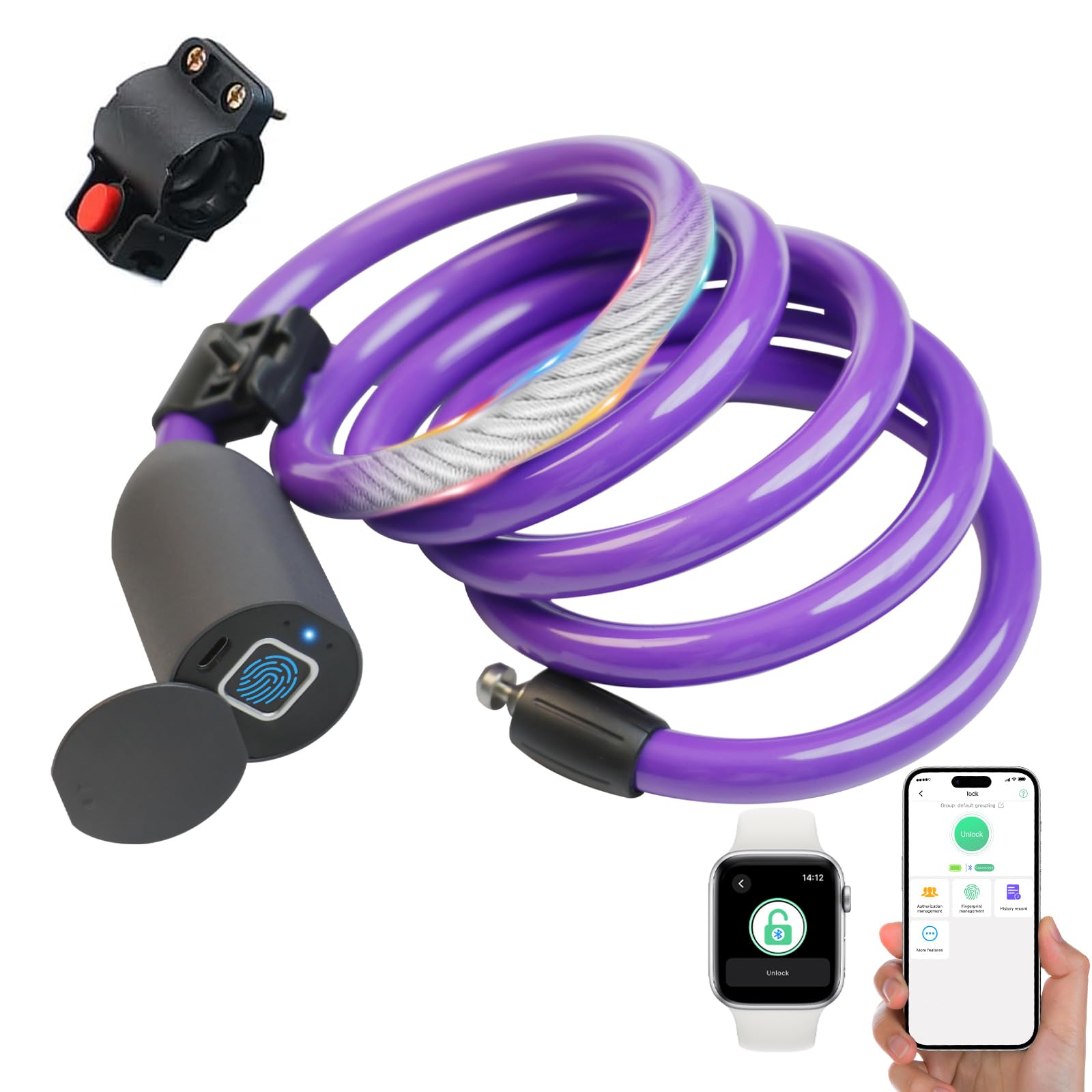 eLinkSmart - Lucchetto elettronico per bicicletta, con app Bluetooth e impronte digitali, lunghezza 150 cm, senza chiave, per bici elettrica, scooter, moto, impermeabile, viola