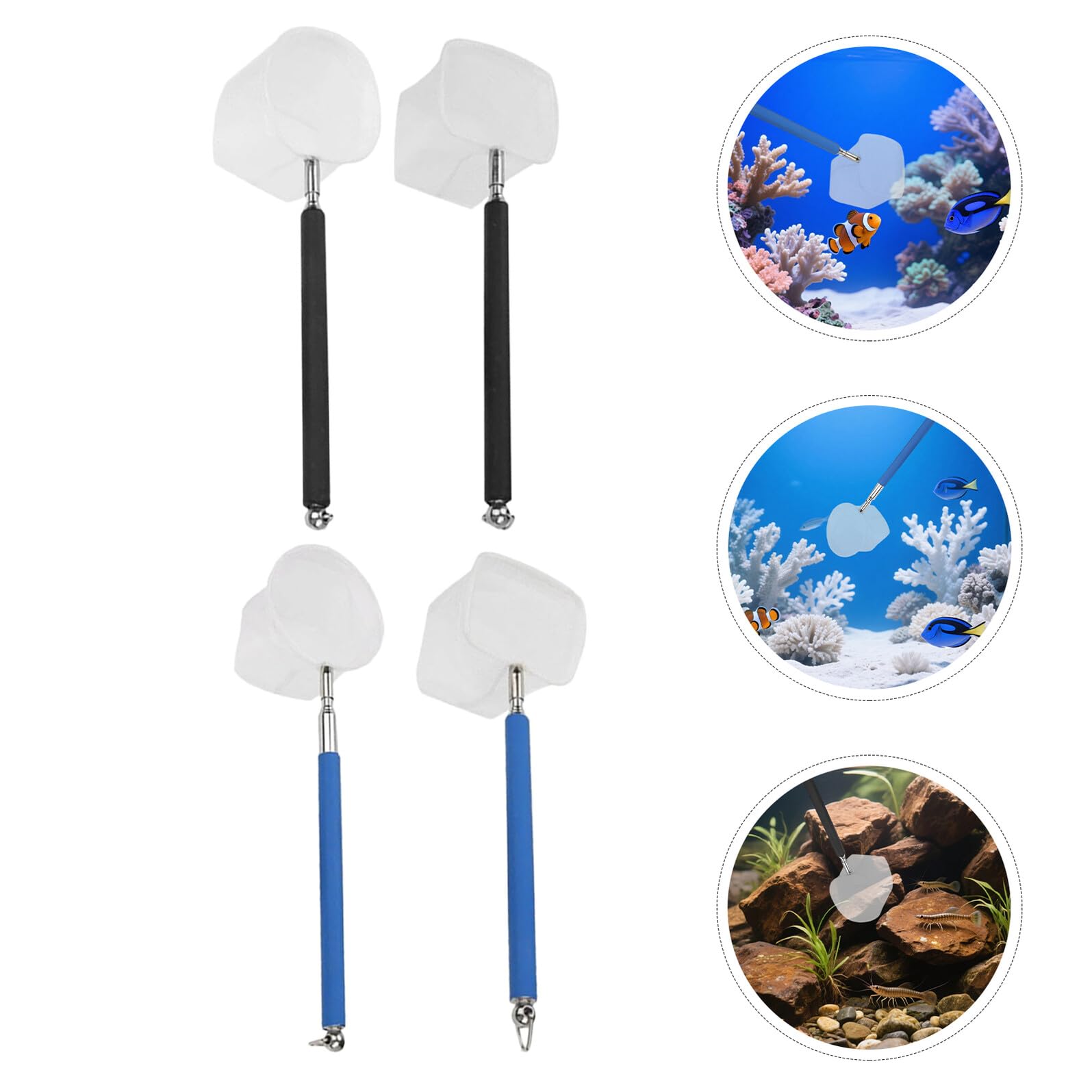 TOYANDONA Red Telescópica para Peces de Acuario Red Extensible con Mango Ajustable de Acero Inoxidable 18-55 CM Malla Fina 01 MM para Camarones y Limpieza en Peceras Pequeñas Set 4 Piezas