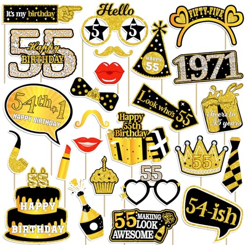 Black Gold 55th Birthday Photo Booth Props for Women & Men