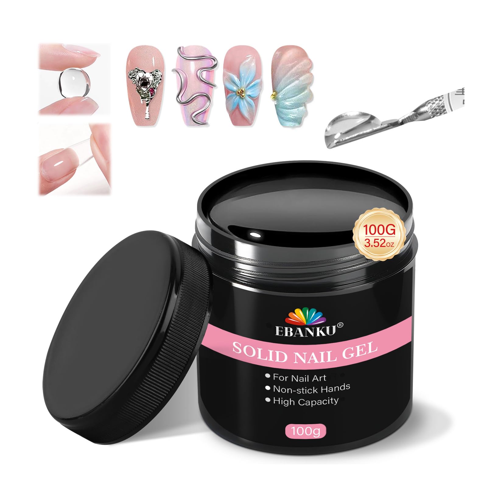 100g fester Nagelkleber Gel, EBANKU 3 in 1 Ultrastarker Kleber für Press On Nägel, Acrylnägel und 3D Nagelkunst, rückstandsfrei, benötigt UV/LED Lichthärtung für ein hartes Finish