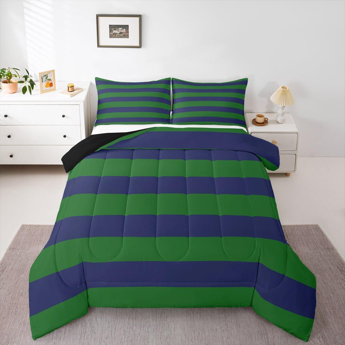 Striped Kids Bedding Sets Twin Size Navy Blue Green Striped Printed Comforter Set For Boys Room Decor Aesthetic Patchwork Down Alternative Comforter